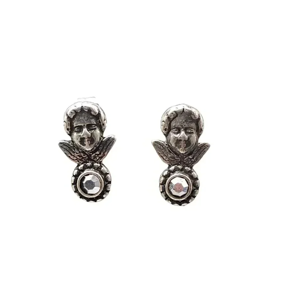 Kirks Folly Marcasite Cherub Face Studs Earrings Silver Tone Vintage